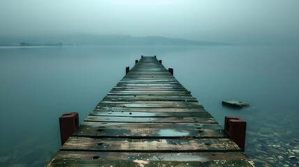 An old dock stretching into a misty lake, representing the potential to take a leap of faith towards new beginnings. Ideal for serene and tranquil themes, (copy space available).