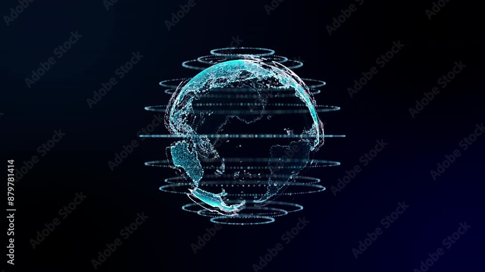 Poster blue hologram earth rotating,global communication concept, the earth rotating with node and line con
