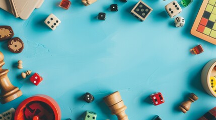 Various game components including dice, pawns, and board game elements are scattered across a blue background. Vibrant and playful, ideal for game-related content.