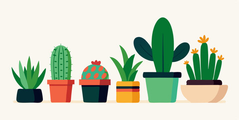 Potted plants collection on white background. Set of interior house plants with baskets, cactus, monstera, leaves and foliage. Different home indoor green decor illustration for decoration, art.