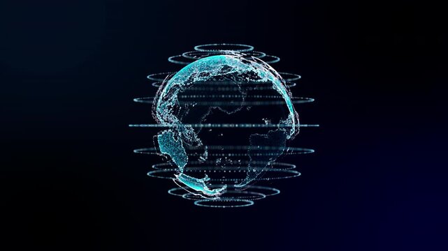 Blue Hologram Earth Rotating,Global communication concept, The earth rotating with node and line connection, Binary code, Futuristic and technology conncepts