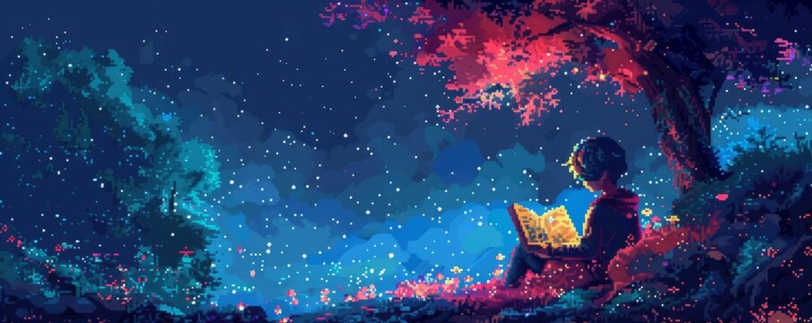 A pixel art illustration of a pixelated reader engrossed in a book, their mind transported to pixelated faraway lands and fantastical stories.