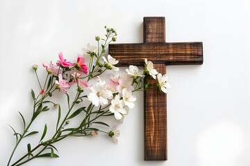 Christian wooden cross with pink and white flowers on a white background, suitable for funeral invitations or memorial events with copy space.