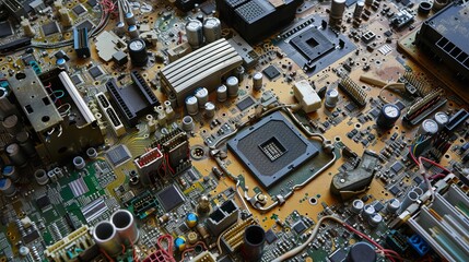 An intricate view of an extensive computer motherboard, with numerous components, connectors, and chips. The detailed image is ideal for tech, electronics, and engineering contexts.