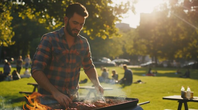 A man grills meat on a barbecue in the park on a sunny day, with people relaxing in the background.