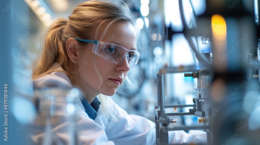 Poster an engineer is conducting experiments in a science lab, wearing a lab coat. aig41