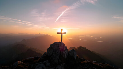 Cross on a mountain at sunset representing religion and spirituality, great for religious events or inspirational content.