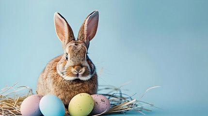 Fototapeta premium Cute rabbit with pastel-colored Easter eggs on straw nest, blue background. Ideal for Easter decorations, greeting cards, and spring-themed designs.