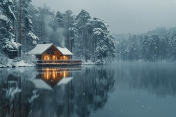 Fototapeta premium A serene Finnish sauna by a frozen lake, with steam rising from the water and snow-covered trees all around. 