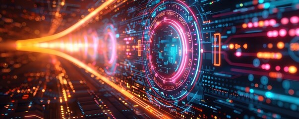 Obraz premium Futuristic digital tunnel with vibrant neon lights and intricate technology patterns, perfect for sci-fi and tech-themed projects.