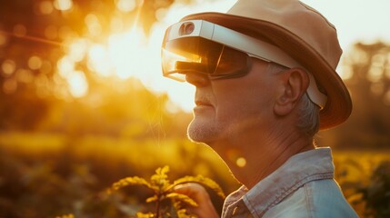 An elderly farmer wearing a VR headset explores crops during sunrise, blending tech with nature.