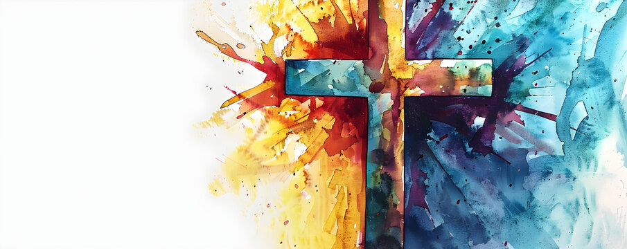 Colorful watercolor painting of a cross with abstract splashes, ideal for confirmation celebration and religious events. Includes copy space.
