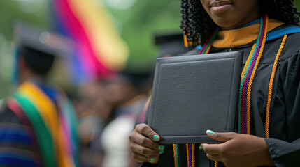 Graduate proudly holding diploma at commencement ceremony, celebrating academic achievement and milestone success.