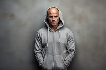 Obraz premium Portrait of a tender man in his 40s wearing a zip-up fleece hoodie on bare concrete or plaster wall