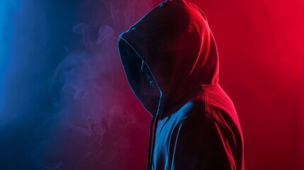 A hooded figure stands in profile, bathed in dramatic red and blue lighting, surrounded by swirling smoke, creating a contrasting and visually striking scene.
