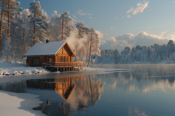 Obraz premium A serene Finnish sauna by a frozen lake, with steam rising from the water and snow-covered trees all around. 
