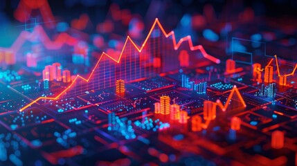 High-tech digital financial chart representing stock market data analytics with futuristic red and blue lighting.