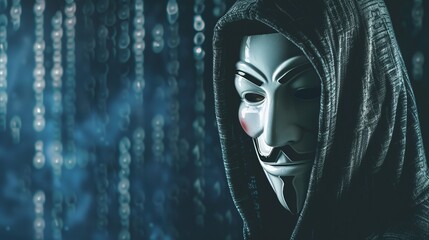 A mysterious hooded figure stands against a background of cascading binary code, representing cyber security, hacking, or digital surveillance themes.