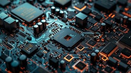 A highly detailed close-up of a computerized circuit board with blue and orange lights, highlighting complexity and modern electronic technology.