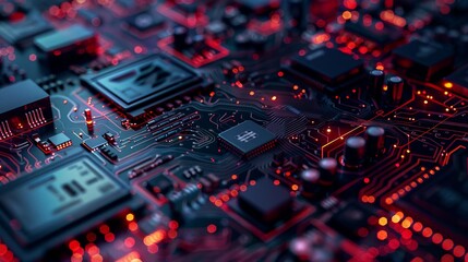 A close-up of a modern circuit board featuring intricate electronic components and numerous pathways, illuminated by red and blue lights for added effect.