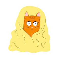Ginger cat wrapped in a blanket, isolated vector illustration