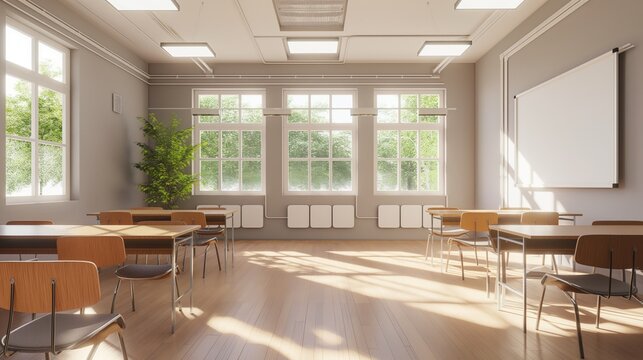 A bright, clean modern classroom filled with natural light.