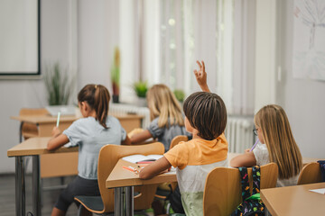 Young boy student raise his hand to answer a question during a lesson