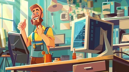 Depicting a lively scene in a tech repair workshop, an animated technician happily works on computer components amidst a backdrop filled with electronic devices and tools.