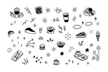 Cute line doodle coffee icons. Cafe line art minimalist design elements. Coffee day holiday celebration. Breakfast, brunch, lunch menu drawings. Sketch donut, cheesecake, burger, cup, mug, croissant