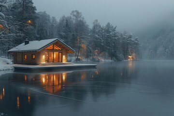 A serene Finnish sauna by a frozen lake, with steam rising from the water and snow-covered trees all around. 