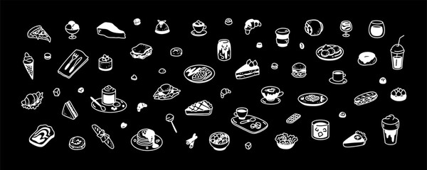 Coffee chalkboard. Hot, cold drinks and desserts in doodle stile. Cute line food elements. Minimalist icons for restaurant, cafe, patisserie, bakery, confectionary, coffeeshop menu
