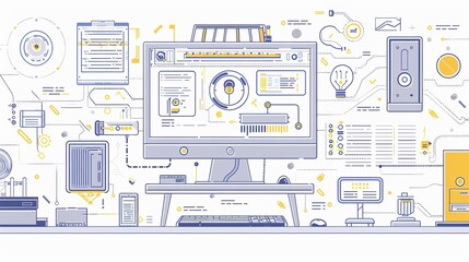 This image showcases a complex network of technological elements and user interface components, highlighting the intricacies of modern data processing and integration.