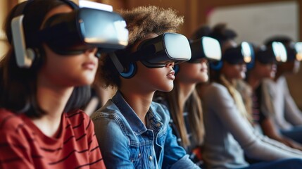A classroom of students using VR headsets for immersive learning experiences.