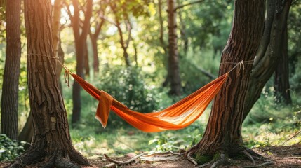 Relaxing orange hammock tied between two trees in a lush green forest, bathed in warm sunlight, perfect for outdoor enthusiasts and nature lovers.