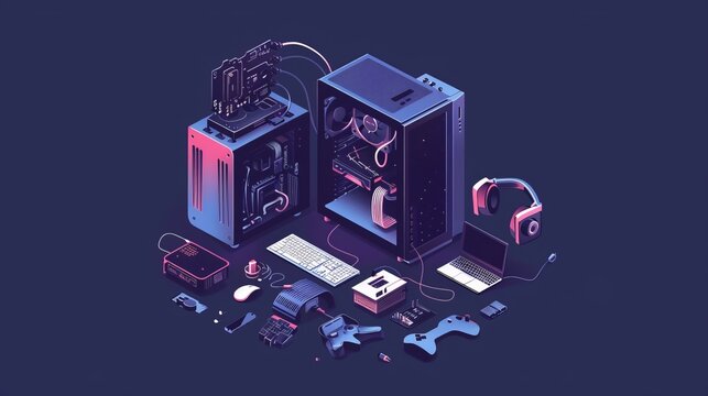 A high-performance desktop computer assembly with various components, accessories, and peripherals displayed, targeting tech enthusiasts and DIY builders.