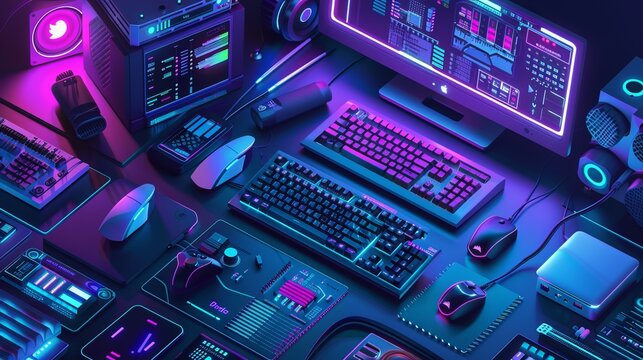 A vibrant and futuristic gaming setup with a high-tech keyboard, multiple screens, illuminated peripherals, and an array of modern tech gadgets for optimal gaming experience.