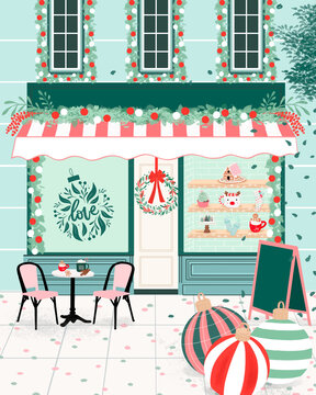 Natal, fachada, guirlanda natal, enfeite natalino, loja, confeitaria, doceria, venda, chocolate quente, pisca pisca, casa de biscoito, biscoito de gengibre, meia, luva, neve, inverno, toldo, janelas