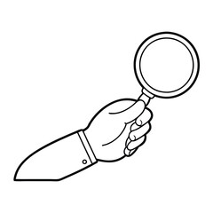 hand holding a magnifying glass. illustration line art style