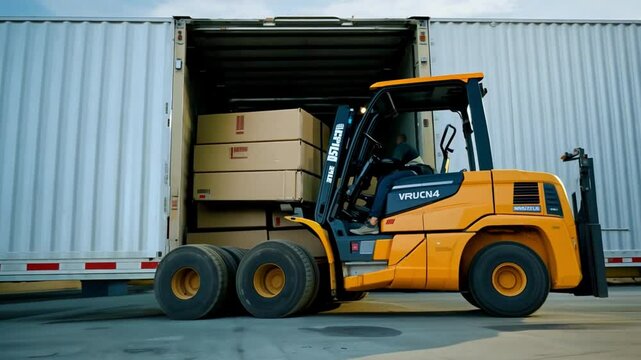 An employee of a warehouse is loading shipment boxes into a cargo container truck. Dock warehouse with a parked cargo trailer truck loading cargo