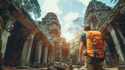 Traveler exploring ancient ruins with a backpack, walking through historical temple under a bright sky.