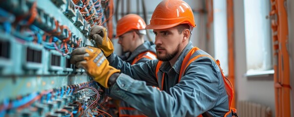 Two electricians in safety gear working on a wiring panel, focused on maintaining electrical systems in an industrial setting.