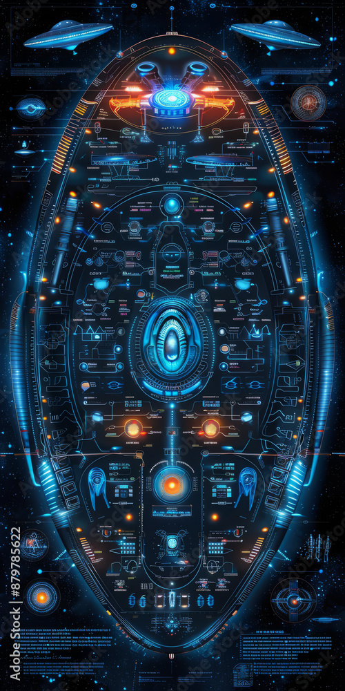 Poster schematic display screen of a peanut shaped alien ufo.generative ai