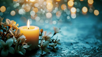Candlelight and blossoms with bokeh background, funeral, memorial or sympathy card
