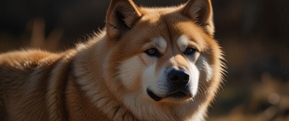 A close-up portrait of Akita, captured with a shallow depth of field to emphasize its rugged, textured fur