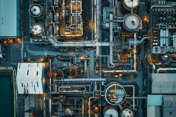 Fototapeta premium Aerial View of Complex Seafood Processing Facility Showing Machinery and Equipment Network