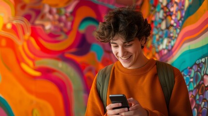 Fototapeta premium Young man using smartphone, smiling in front of vibrant, colorful urban street art mural. Casual modern lifestyle concept.