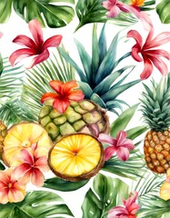 Fototapeta premium frangipani design olated card branch blossom background decoration leaves palm bouquet botanical beautiful coconut painted treebranch composition hand pineapple flowers fruit white fabric watercolor
