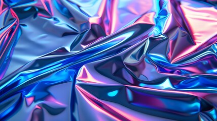 Shimmering iridescent foil texture background, marked by metallic luster and reflective surfaces. Wrinkled iridescent foil sheet background created by generative AI