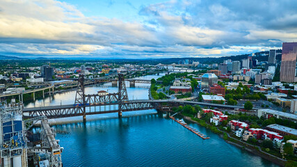 Aerial View of Portland Steel Bridge and River at Dawn