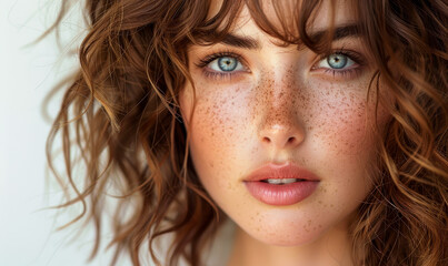 Naklejka premium Close-up portrait of a woman with brunette curly hair and freckles, focused on intense blue eyes, natural beauty, fashion and lifestyle, daytime, serene and confident expression